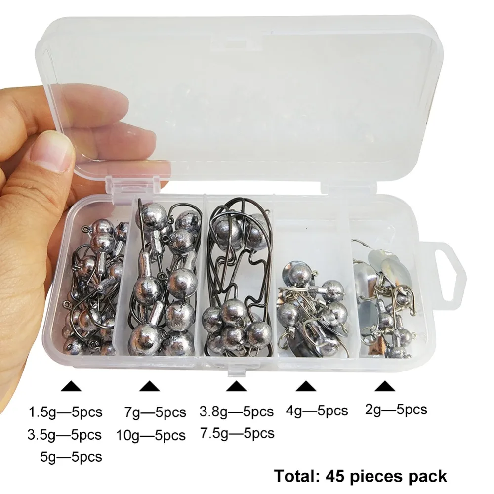 INFOF 45-pieces Jig Head Fishing Hook Kit Jighead Unpainted 1.5g-10g Lead Jigging Hooks Fishhooks Worm Hook for Carp Fishing