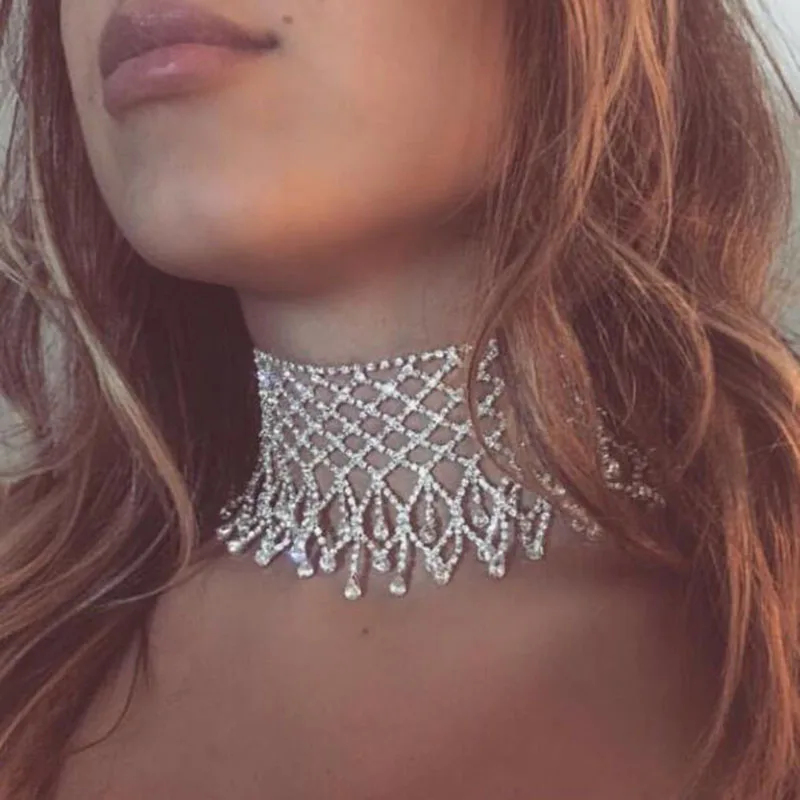 luxury Rhinestone Chain Choker Necklace For Women Elegant Full Crystal Tassel Choker Collar Fashion Bridal Jewelry ColliersColar