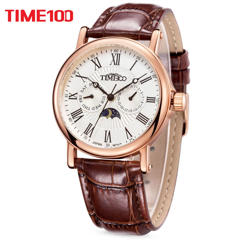 TIME100 Men Watches Quartz waterproof auto date sun Phase Leather Strap Business WristWatch stainless steel relogio masculino