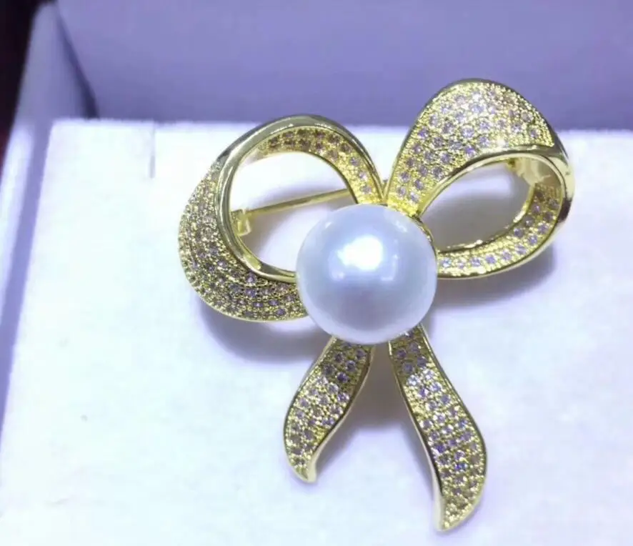 

free shipping noble jewelry New design 10-11mm Freshwater round Pearl Crystal Bowknot Brooches