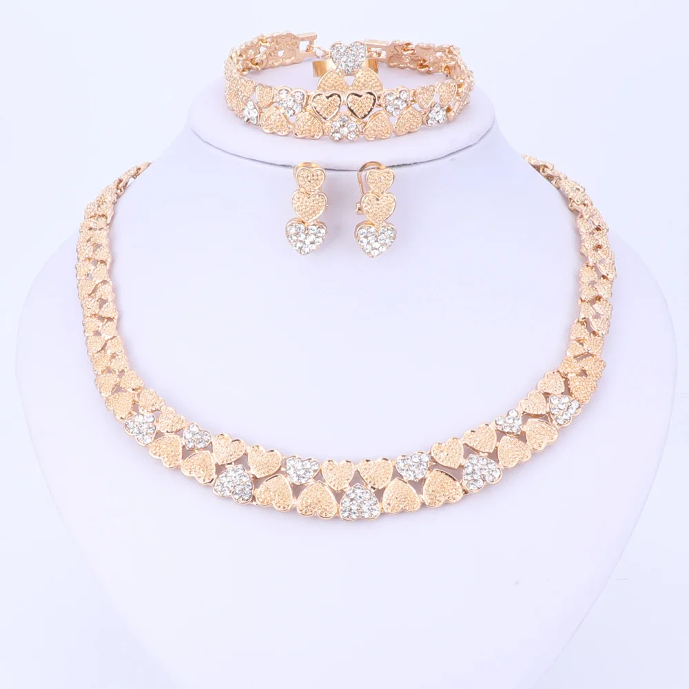 Women Wedding Crystal Heart Gold Color Charm Necklace Bracelet Earring Ring Bridal Costume Jewelry Set