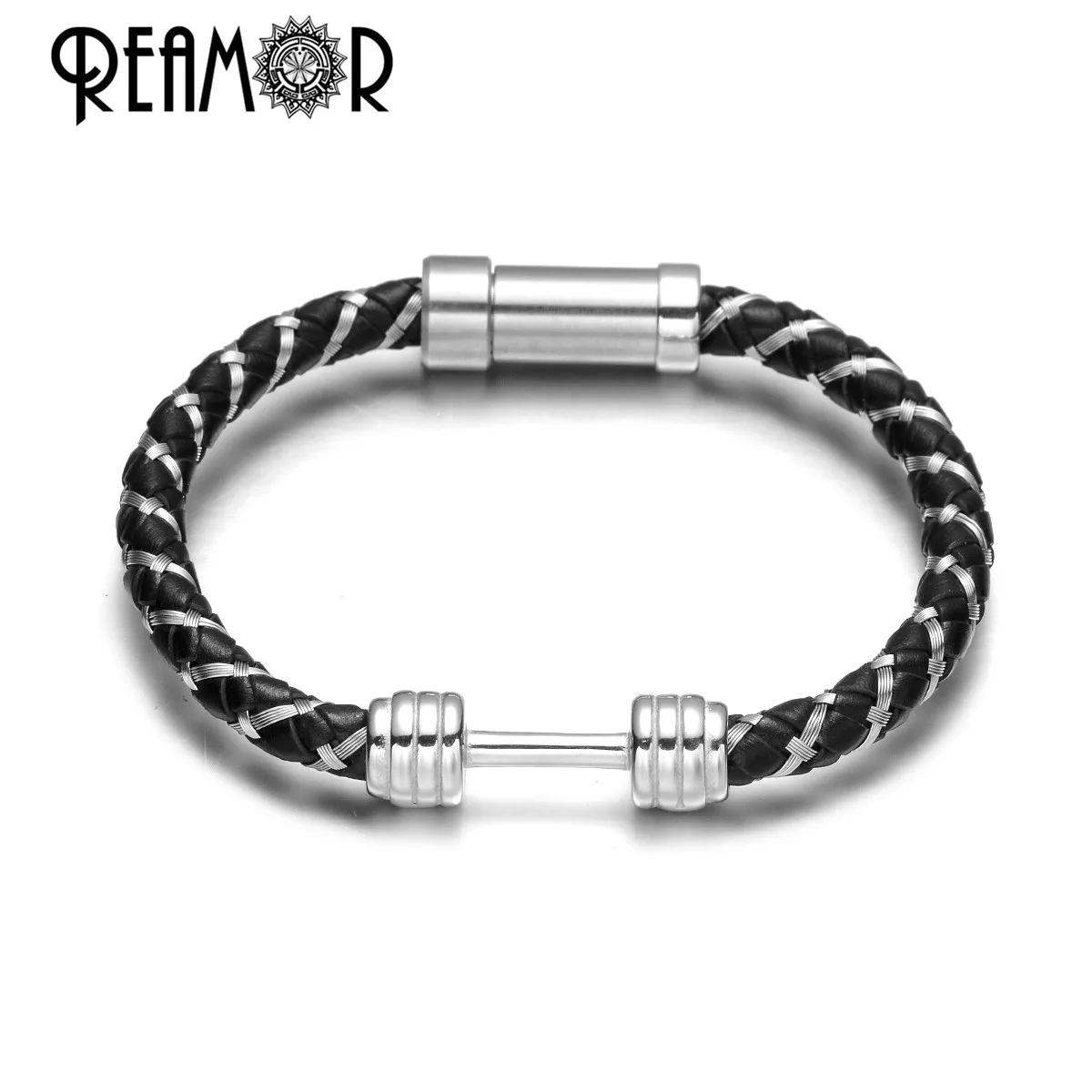 REAMOR New Men's Black Super Fiber Leather Sport Bracelets Unique Dumbbell Stainless steel Metal Braided Bracelet Jewelry