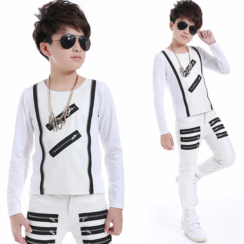 Jazz Kids Dance Costume Long Sleeved Top Leather Pants Hip Hop Set Children Street Dancing Clothes Boys Stage Outfit DNV11064