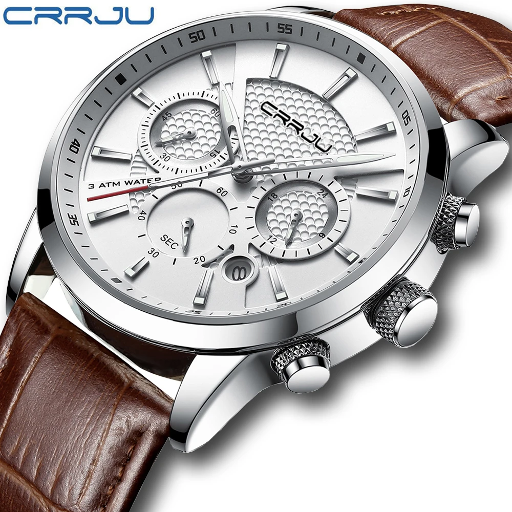 CRRJU orologio da uomo orologio da polso in pelle di lusso cronografo Casual al quarzo impermeabile vendita calda orologio da polso