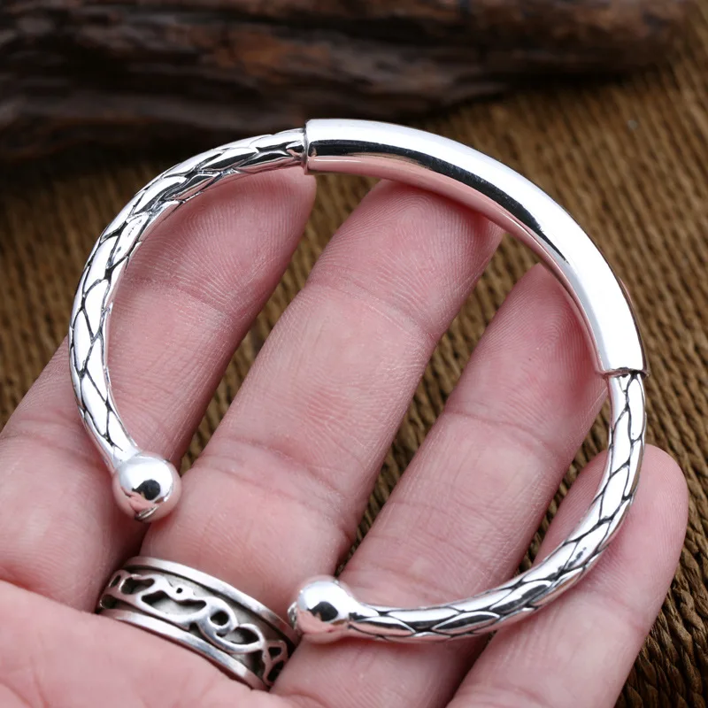 

S925 Sterling Silver Jewelry Thai Silver Women Simple Hoop Snake Scales Personalized Men And Women Open Ended Bangle