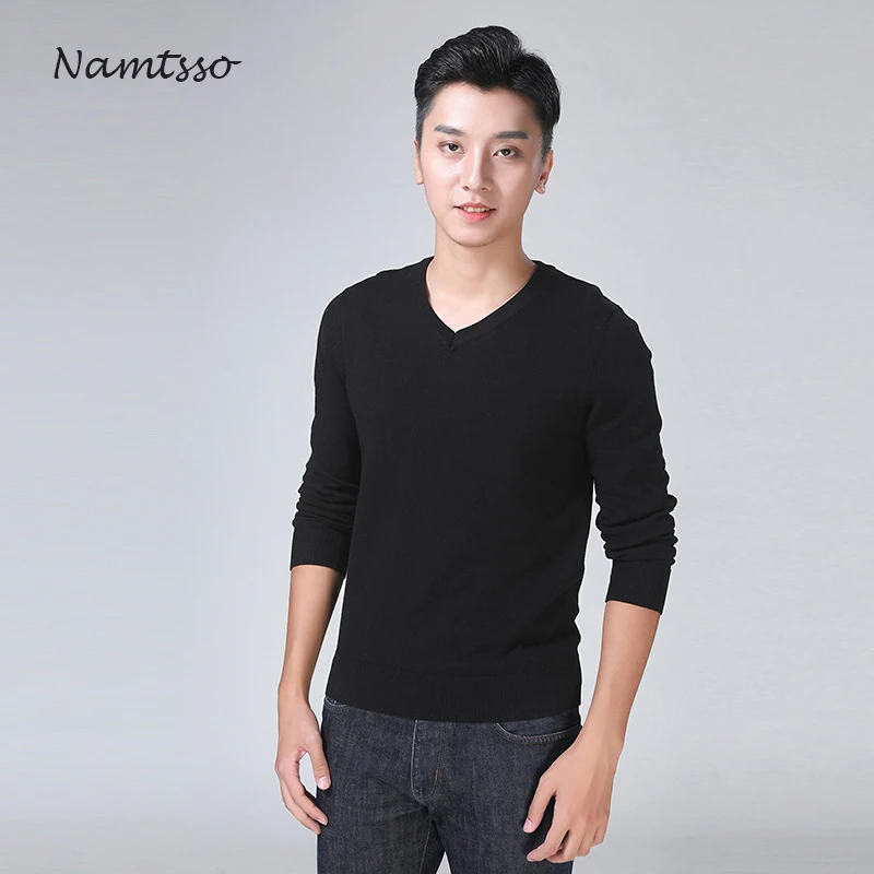 

100% cotton V neck sweater men's 2021 winter Embroidered Slim fit Long sleeve Solid color sweater slim bottoming shirt 867