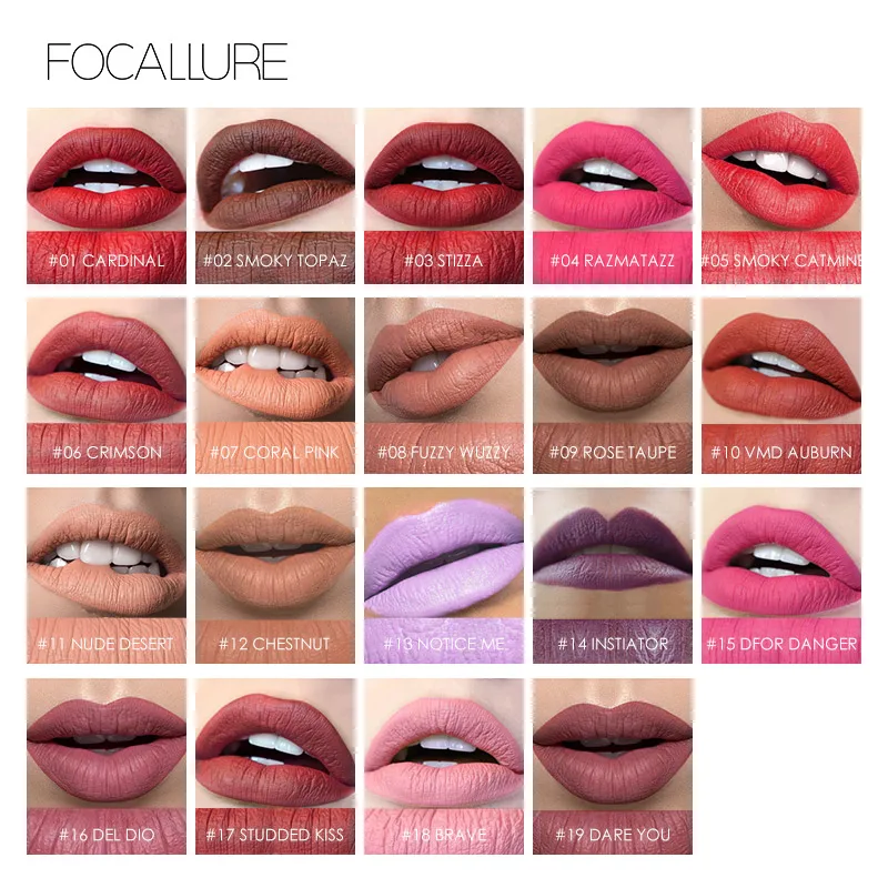 FOCALLURE-lápiz labial mate, resistente al agua, de larga duración, fácil de llevar, 19 colores