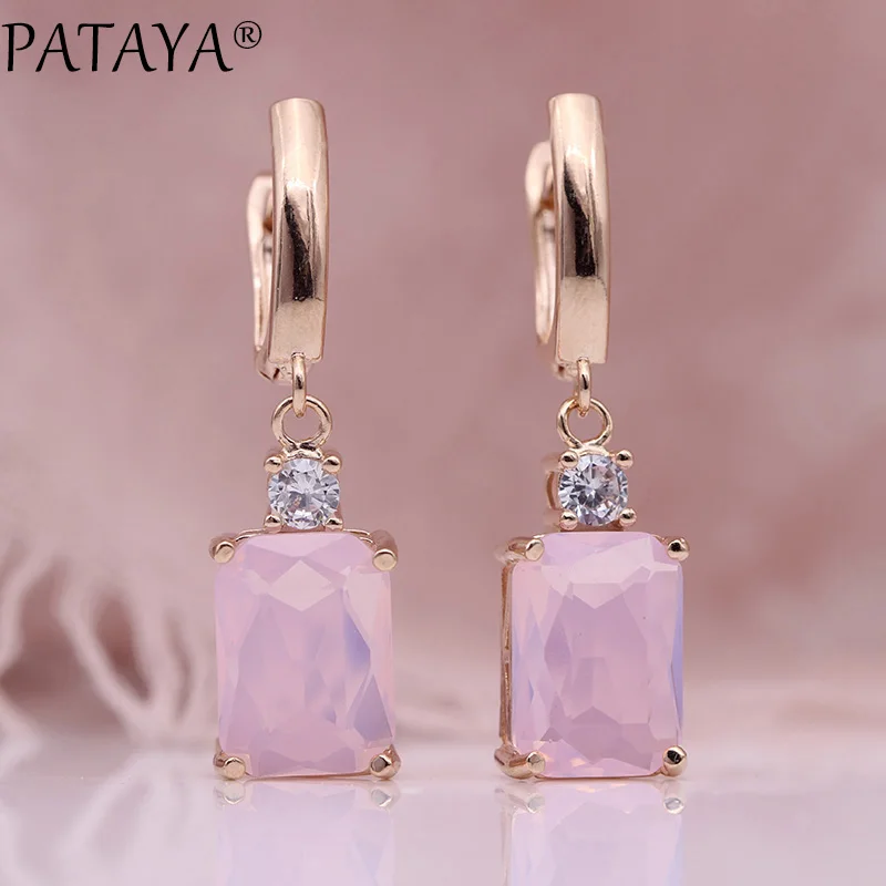 PATAYA New Square Dark Blue Long Earrings Women Wedding Jewelry 585 Rose Gold Color Multicolor Natural Zircon Dangle Earrings