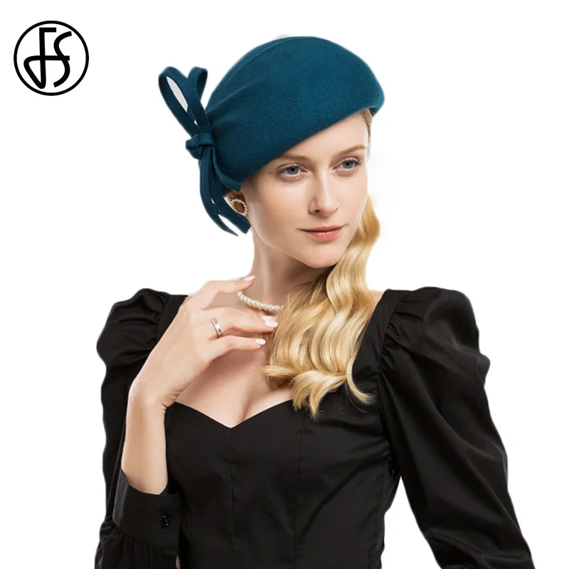 

FS Women Black Wool Felt Fedoras Ladies Wedding Elegant Church Fascinator Bowknot Cocktail Derby Cap Vintage Pillbox Millinery