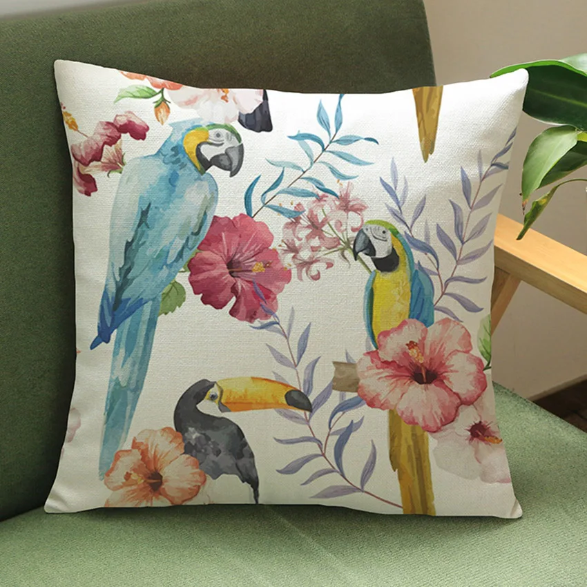 Tropical Plant Leaves Flowers Flamingo Bird Parrot Home Decoration Couch Cushion Office Chair Back Pillow for Sofa Linen Cotton