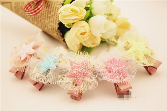 Boutique 40pcs/5C Fashion Cute Glitter Gauze Star Girls Hairpins Solid Kawaii Candy Color Lace Hair Clips Headwear Accessories