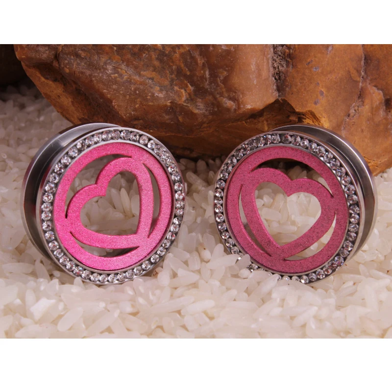 1Pair Pink Heart Round Ear Guage 316L Surgical Steel Screw Ear Plug Tunnel Body Piercing Jewelry Lobe Expander Stretcher Orelha