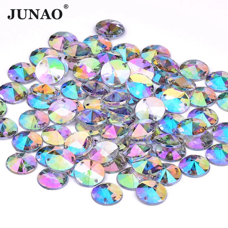 JUNAO 1000pc 10mm Sew On Crystal AB Rivoli Rhinestone Applique Round Flatback Acrylic Gems Sewing Strass Stones For Dress Crafts