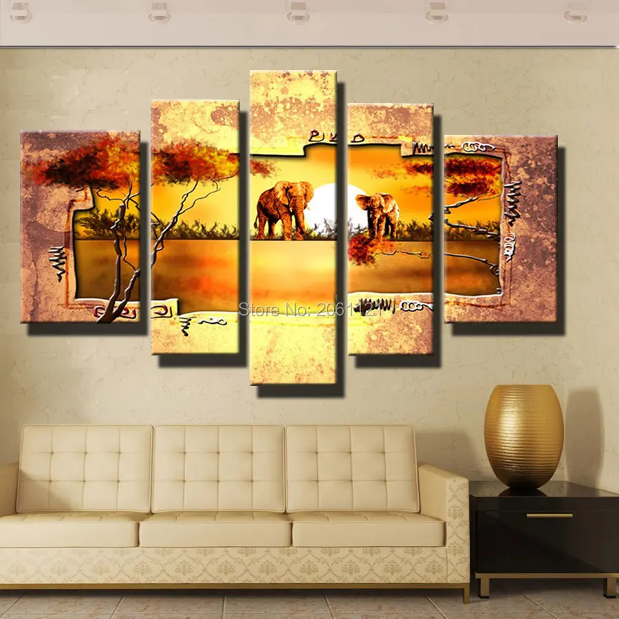 Handmade Retro nostalgia africa  landscape oil painting animals 5 Piece Wall Art Canvas Huge Living Room Decoration Pictures