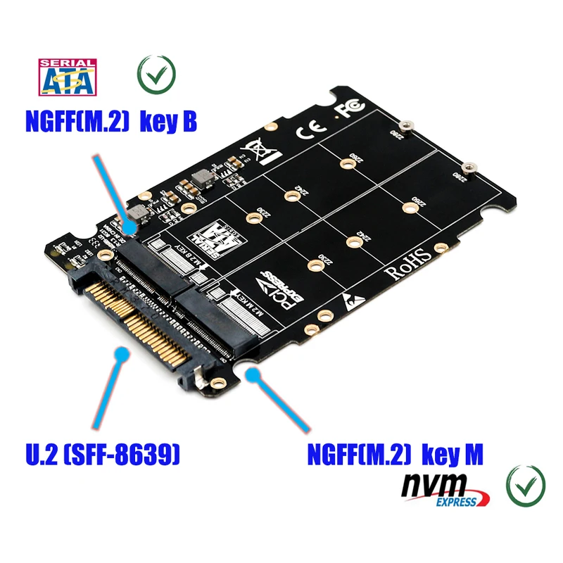 Адаптер M.2 SSD в U.2, адаптер 2в1 M.2 NVMe и SATA-Bus NGFF SSD в PCI-e U.2, адаптер для PCIe M2, конвертер для настольных компьютеров