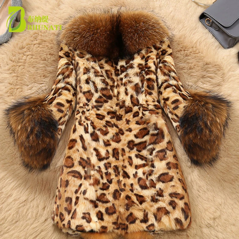 Boutique das Mulheres Outono Inverno Faux Casacos De Pele De Vison Casacos de peles de Leopardo Faux Raccoon Fur Collar Casacos de Peles Plus Size