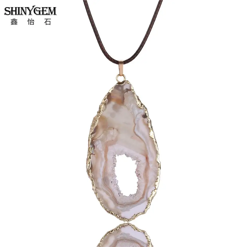

ShinyGem Gold/Silver Plated Druzy Crystal Pendant Necklace Natural Black Brown Agates Handmade Leather Chain Necklaces For Women