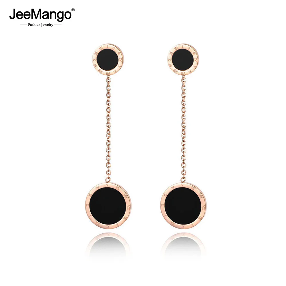 Jeemango trend ige Doppel kreis römische Ziffern lange Quaste Ohrringe für Frauen Titan Stahl weibliche Party Ohrringe Schmuck je17055