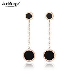 JeeMango Trendy Double Circle Roman Numerals Long Tassel Earrings For Women Titanium Steel Female Party Earrings Jewelry JE17055