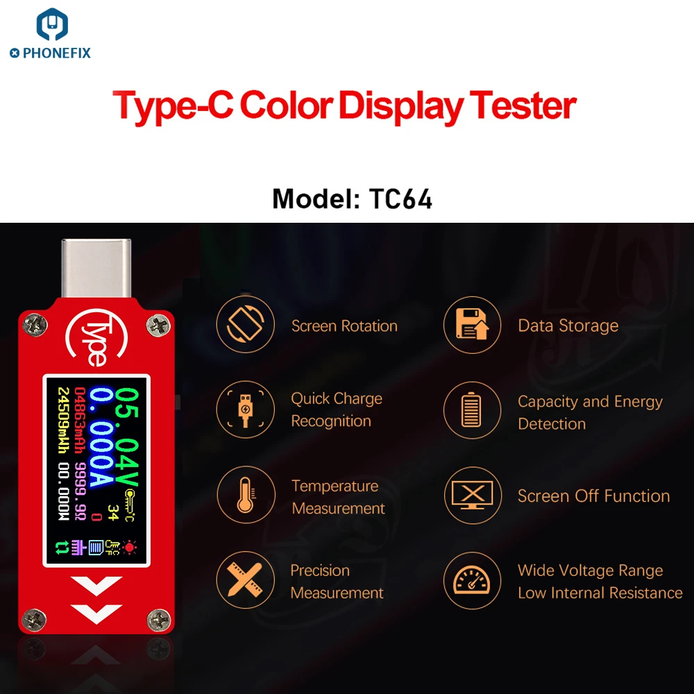 RD TC64 Type-C مقياس متعدد صغير ملون 0.96 بوصة شاشة الكريستال السائل USB الفولتميتر مقياس التيار الكهربائي