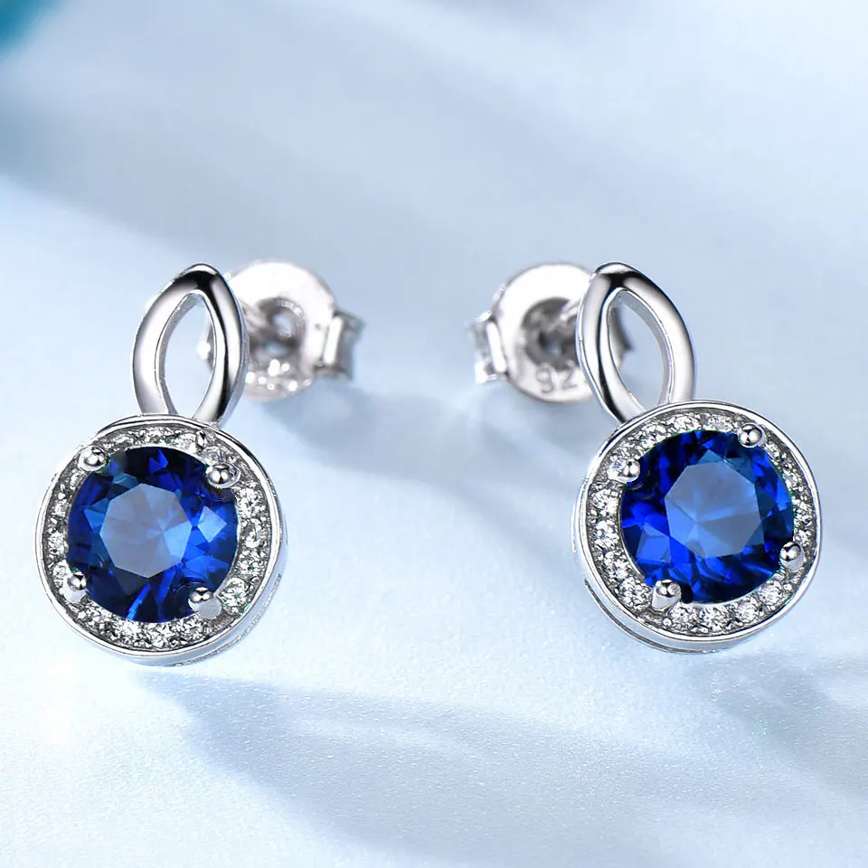 UMCHO Real 925 Sterling Silver Earrings Gemstone Round Rich Color Nano Blue Sapphire Stud Earrings For Women Birthday Gifts