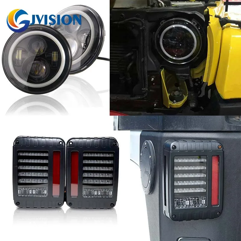 

7'' Round High/Low Halo Ring 6000K H4 LED Headlights And LED Rear Tail Lights Clear Brake Turn Signal Reverse For Jeep Wrangler