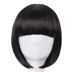 Short Hair Fei-Show Synthetic Heat Resistant Fiber Black Bob Wig With Flat Bangs Modern Show Cosplay Halloween Carnival Wigs
