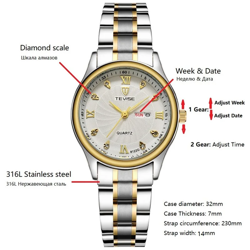 TEVISE Luxury Gold Women Watch Week Day Date Bracelet Watches Ladies Waterproof Fashion Quartz Steel Wrist Watches montre femme