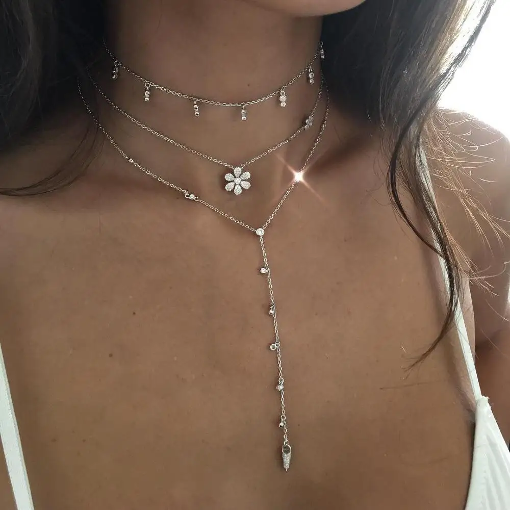 Double daisy flower necklace beautiful fashion women jewelry micro pave cz flower charm chain collar view 2