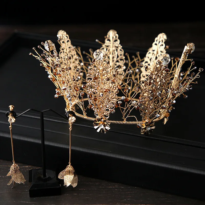 

JaneVini Vintage Gold Queen Women Crown Tiaras Baroque Crystal Pageant Headwear Wedding Hair Accessories Bridal Jewelry Earrings