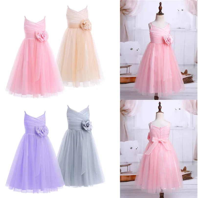 iEFiEL Kids Girls Tulle Mesh Spaghetti Shoulder Straps Flower Girls Dress Princess Wedding Bridesmaid Birthday Party Prom Dress