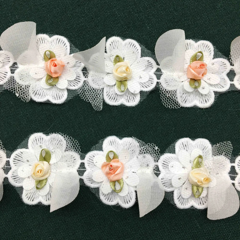 

2 Yards White Rose Flower Mesh Embroidered Fabric Lace Trim Applique Ribbon Handmade DIY Sewing Craft Decoration Wedding Dress