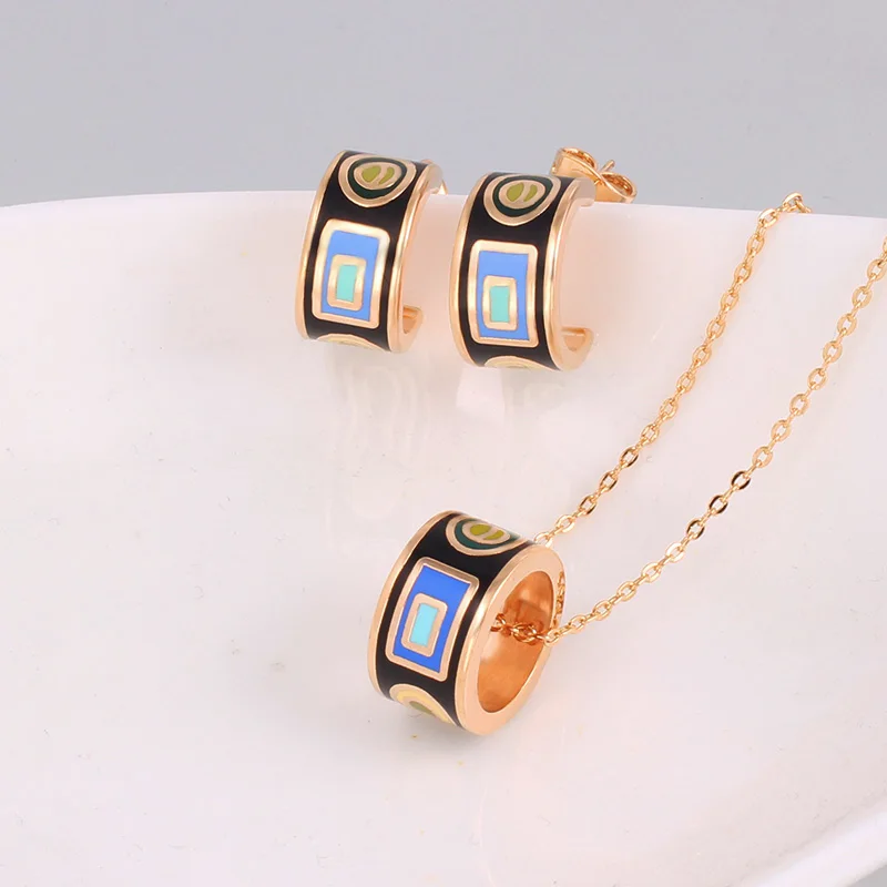 Enamel Vintage Gold-color Jewelry Sets for Women Color Pattern Design Shape Pendant/Earrings