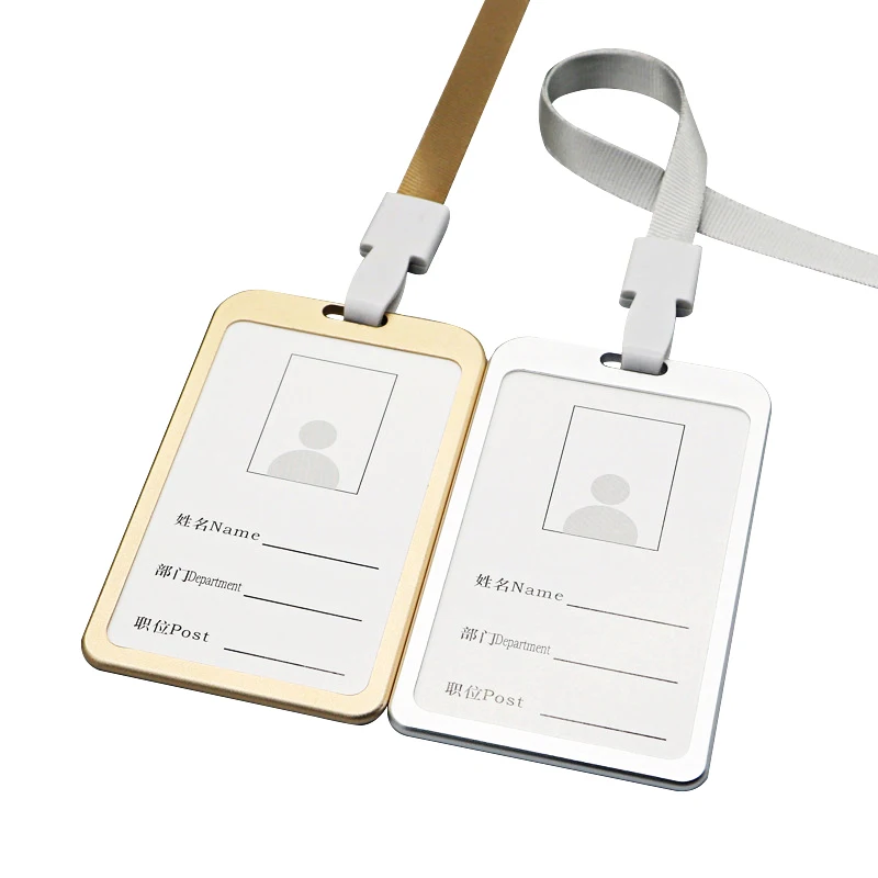 Luxury Brand Aluminium Alloy Vertical ID Card Holder with Lanyard Gold Silver Badge Holders Name Tag School Office Stationery