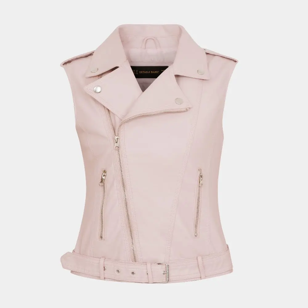 Cuoio del Motociclo delle donne Cuoio DELL'UNITÀ di elaborazione Femminile di Modo Della Maglia Senza Maniche Giacca Taglia XL Turno Collare Tasche del Panciotto Delle Signore cappotto
