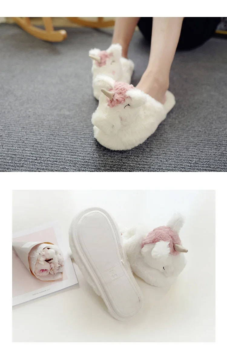 Kawaii Fluffy Unicorn Plush Slippers Cute Soft Stuffed Animal Home House Winter Slippers for Children Women Indoor Shoes Toys