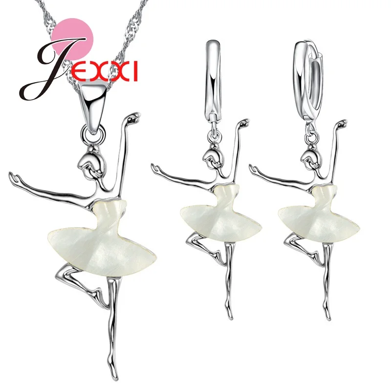 Elegant Woman Ballet Dance Pendant Fashion Khaki Dress Doll Necklace Earrings High Quality 925 Sterling Silver Color Jewelry Set