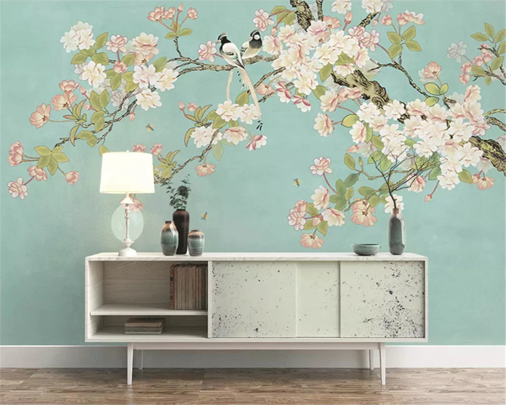 

beibehang Custom classic 3d wallpaper new Chinese simple hand-painted memo plum flower bird background wall papers home decor