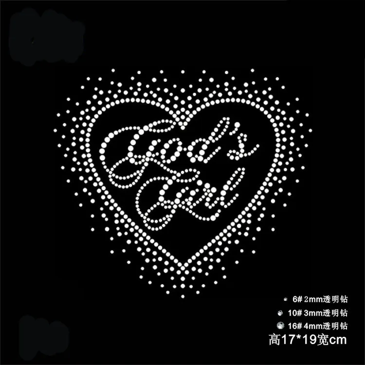 2pc/lot heart god\'s girl hot fix rhinestone transfer motifs iron on crystal transfers design patches iron on patches