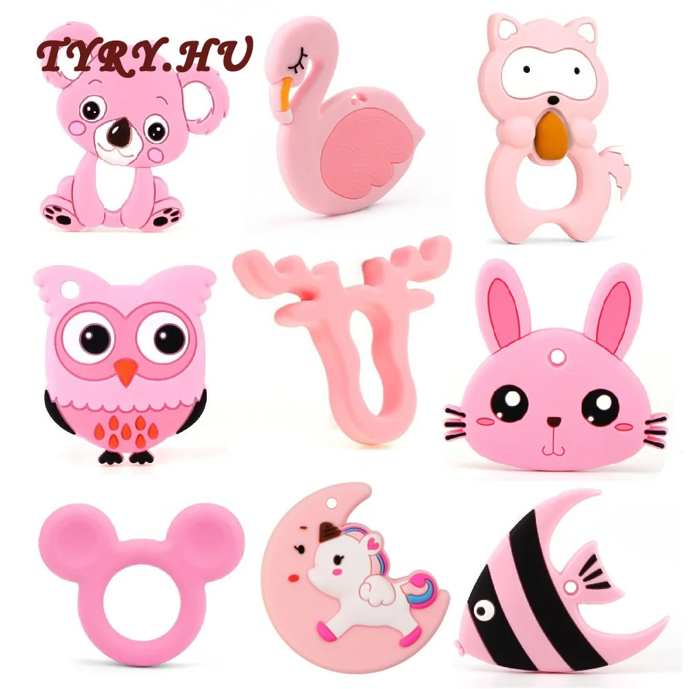 TYRY.HU 1pc Silicone Animal Series Teether Silicone Beads Pendant Accessories Unicorn Raccoon Flamingos Owl Fox Tortoise Teether