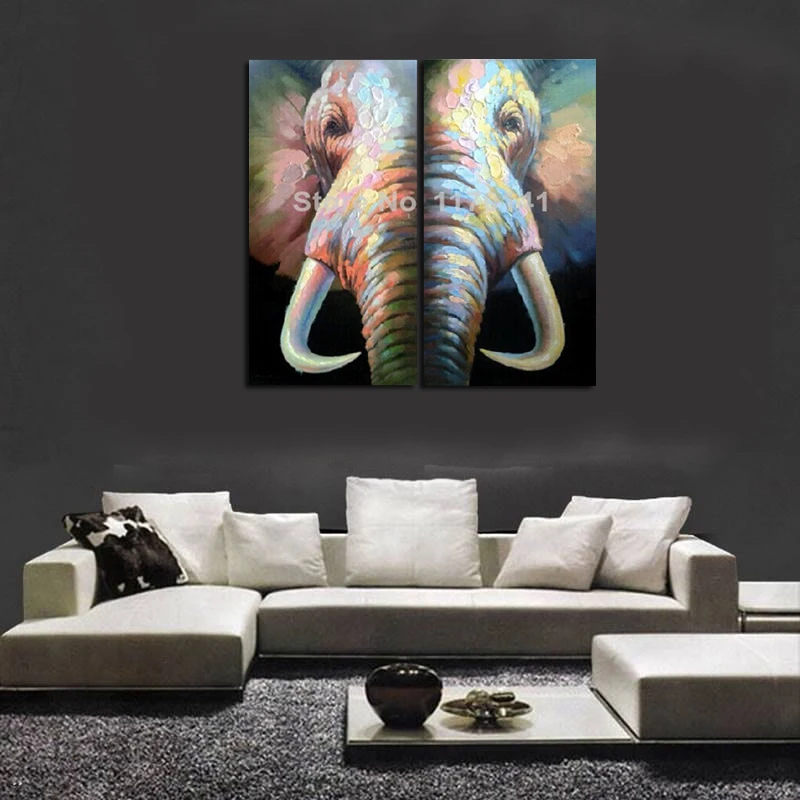 Wholesale Original High Quality Elephant Oil Paintings On Canvas 2pcs/set Decor picture Wall Art Paints In Hotel Office Home