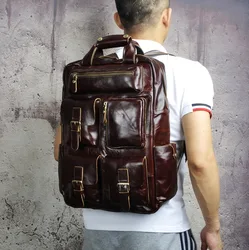 Genuine Leather Heavy Duty Design Men Travel Casual Backpack Daypack Fashion Knapsack College School Book Laptop Bag Male 1170-c