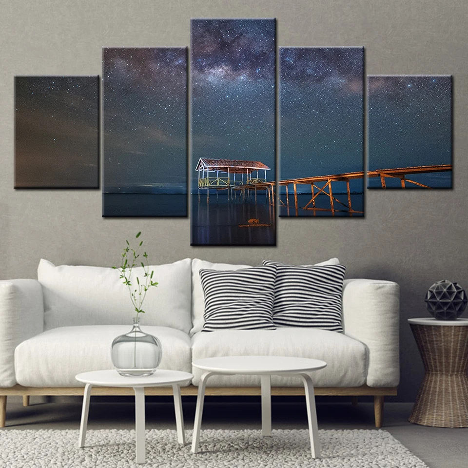 5 Pieces Canvas Painting Natural Scenery Bridge Sea at night Wall Stickers For Home Decorations View Bedroom Wall Decor