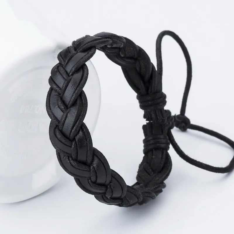 TYO Fashion Charm Leather Bangle Men\'s Bracelets Popular DIY Bandage Handmade Black Weave Bracelets!Resize 18-25cm