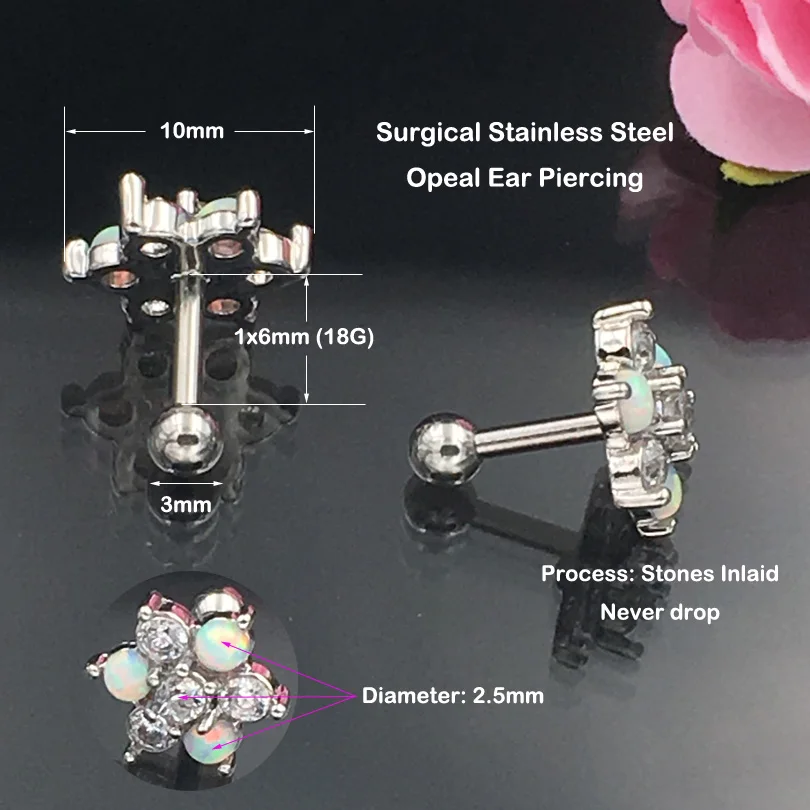 1.0*6mm Fire OPal17 Flower Stone Titanium Alloy Tragus Earring Helix Barbell Ear Piercing Cartilage Ring Jewelry For Women Girl