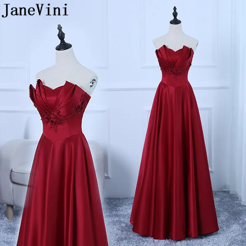 

JaneVini Vestidos Burgundy Mother of Bride Dress 2018 A Line Strapless Lace Applique Beaded Satin Floor Length Abito Mamma Sposa