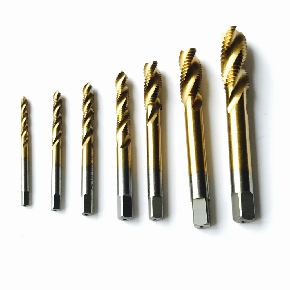 

High Quality Hss6542 Full Cnc Grinded 7pcs Machine Spiral Tap Screw Taps Hss Tin Coating M3 M4 M5 M6 M8 M10 M12 From 3mm-12mm