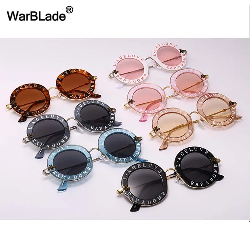 WarBLade Retro Round Sunglasses Women Brand Designer English Letters Bees Metal Frame Circle Sun Glasses Female Shades Oculos