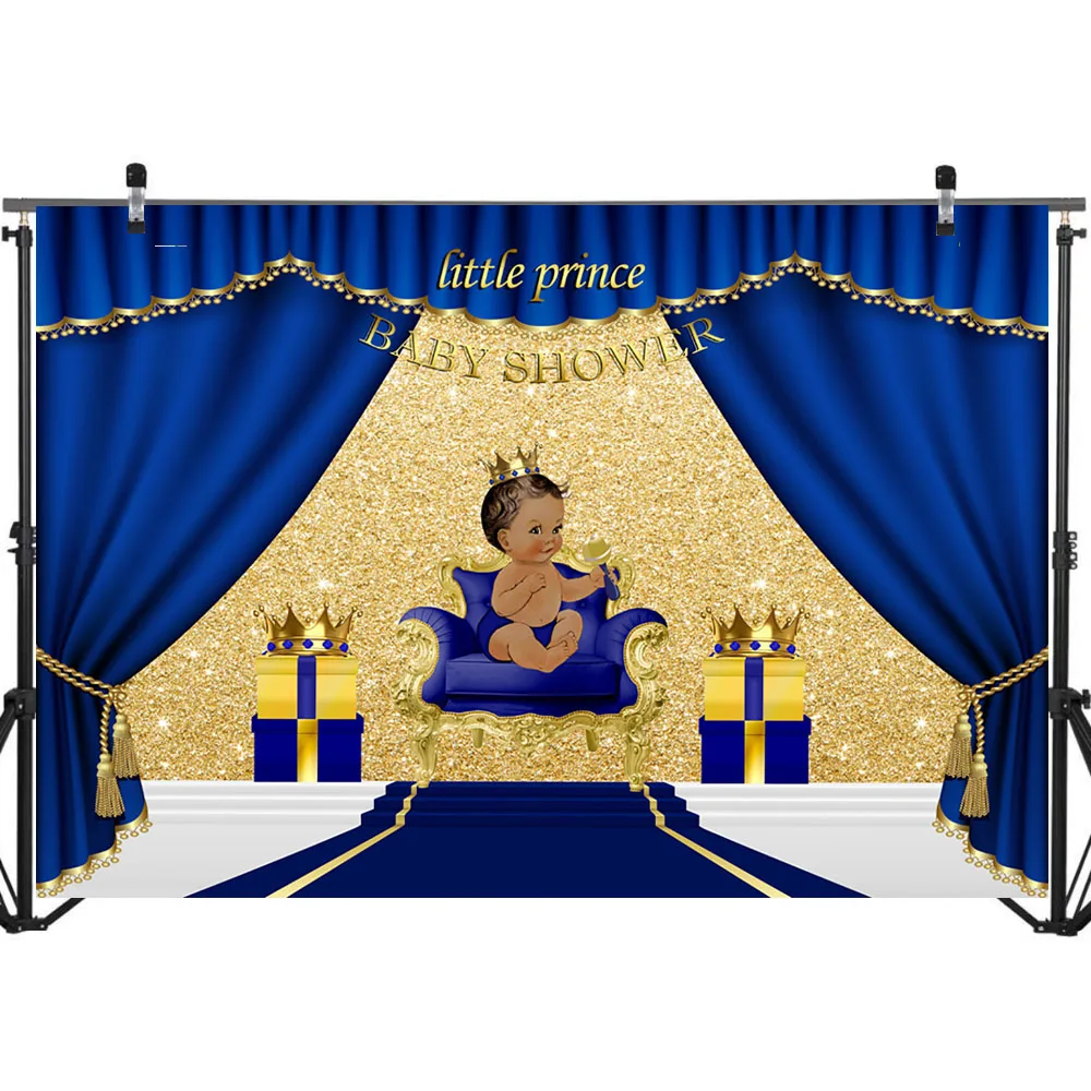 Royal Blue Baby Shower Backdrop Welcome Little Prince Photo Background Gifts and Gold Crown Backdrops