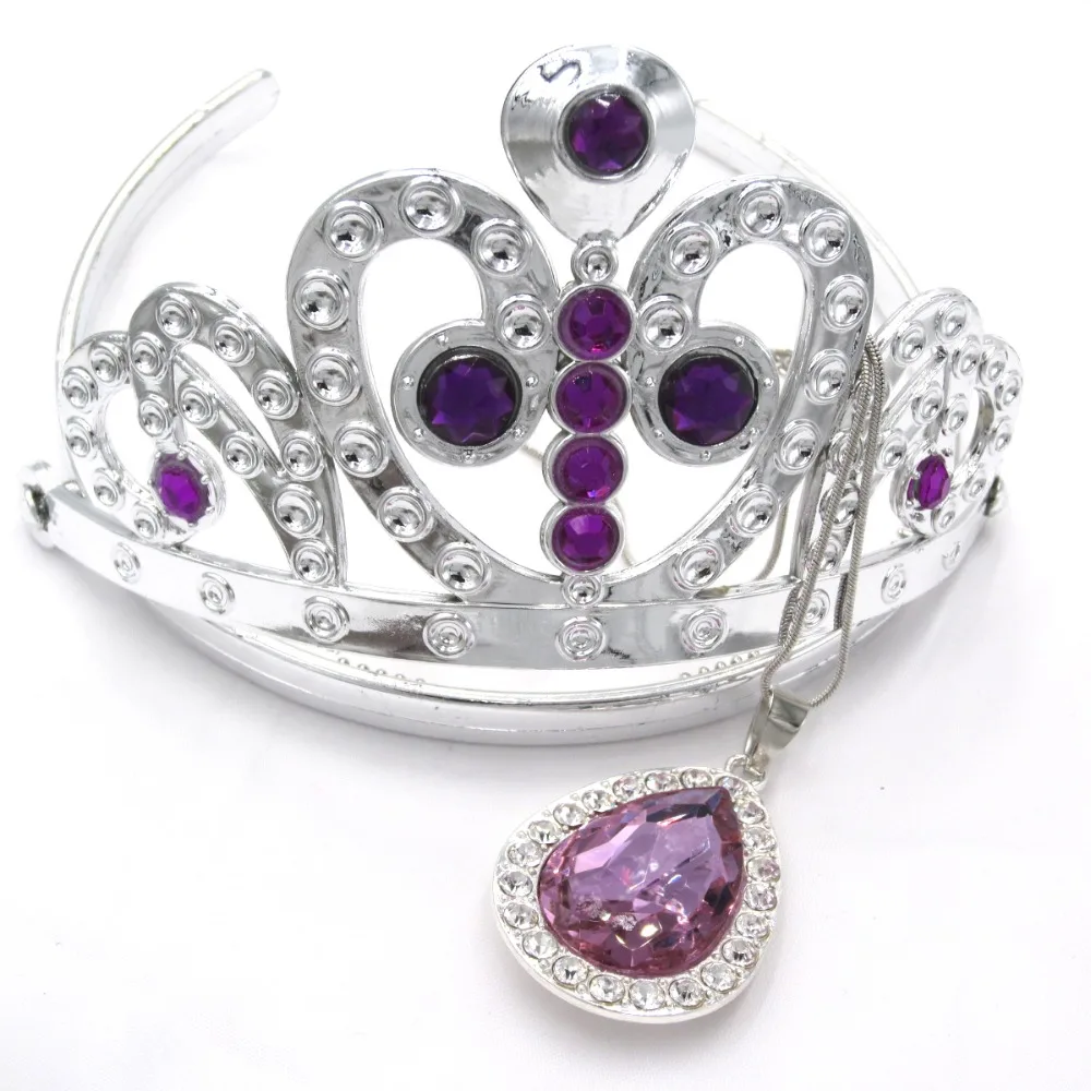 Kids Girls Princess Sofi The First Purple Teardrop Amulet Chain Necklaces Tiara Crown Hair Clip Jewelry Set Gift For Child 1Set